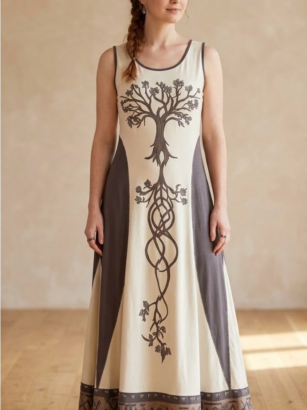 Sleeveless Cream & Gray Tree Print Maxi Dress Women’s Long Dress Casual Trendy